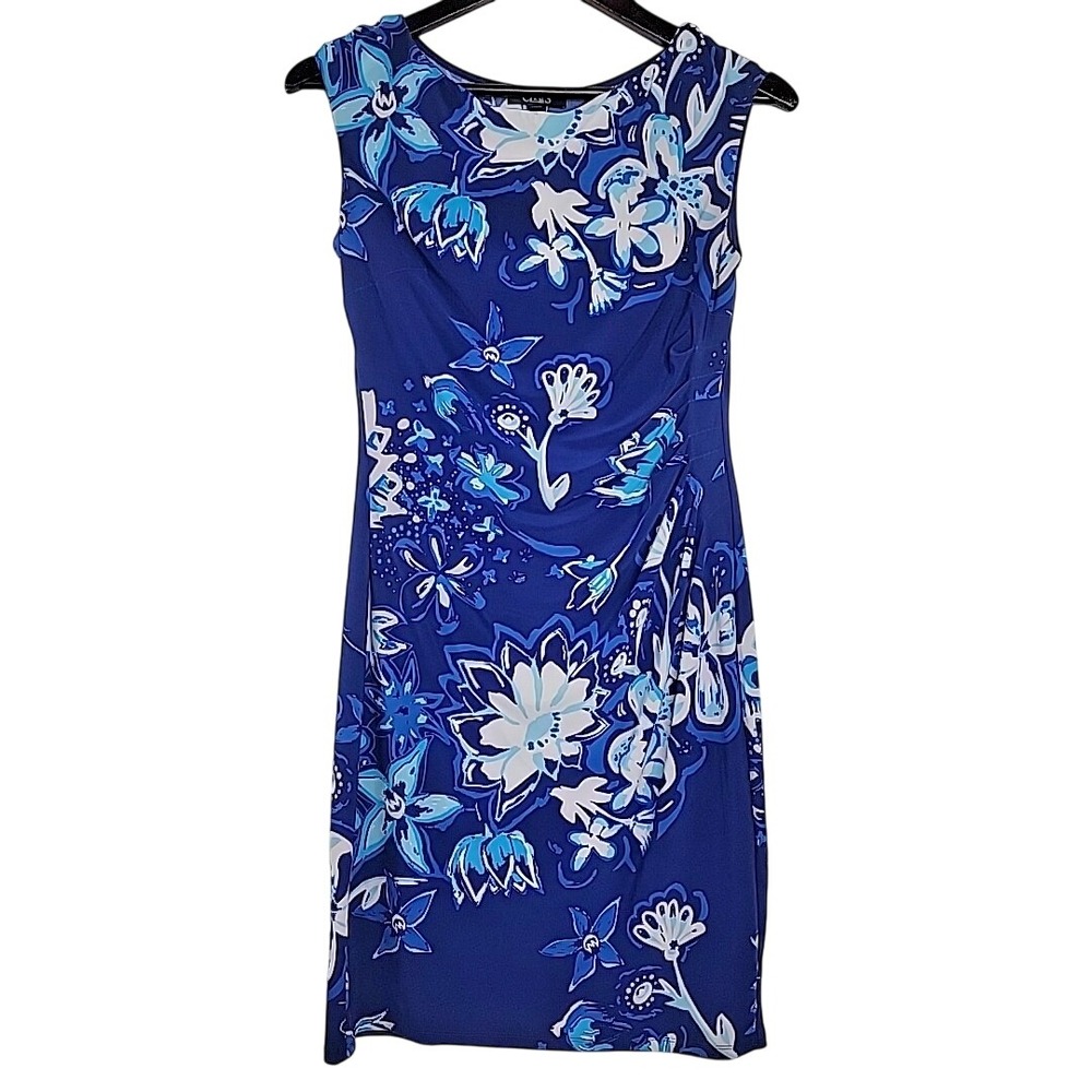 Chaps‎ Womens M Blue Floral Midi Dress Ruched Stretch Sheath Sleeveless Career